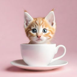 A raw photograph of an adorable kitten sitting inside a teacup