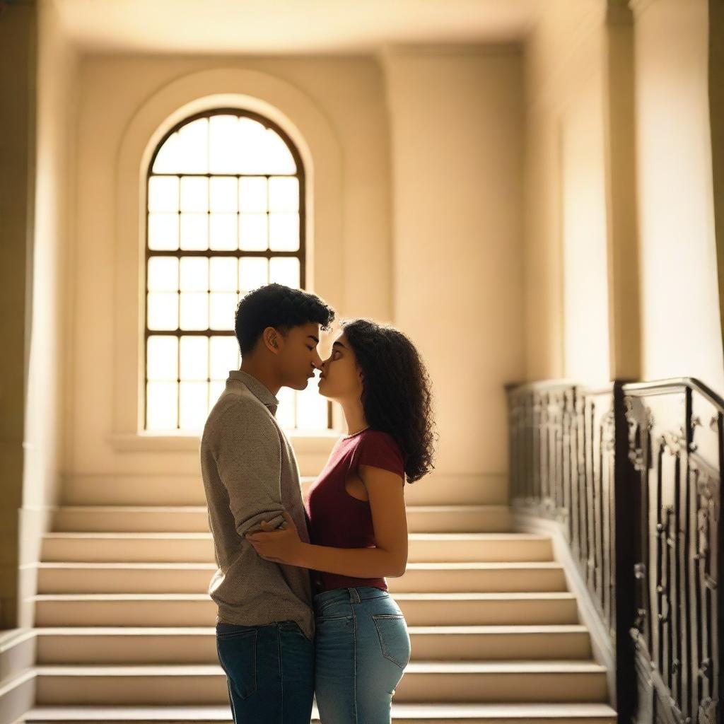 A romantic scene set in a college stairwell, featuring a young couple sharing a tender moment