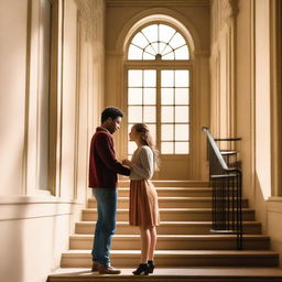 A romantic scene set in a college stairwell, featuring a young couple sharing a tender moment