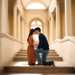 A romantic scene set in a college stairwell, featuring a young couple sharing a tender moment