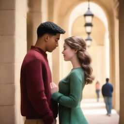 A romantic scene set in a college stairwell, featuring a young couple sharing a tender moment