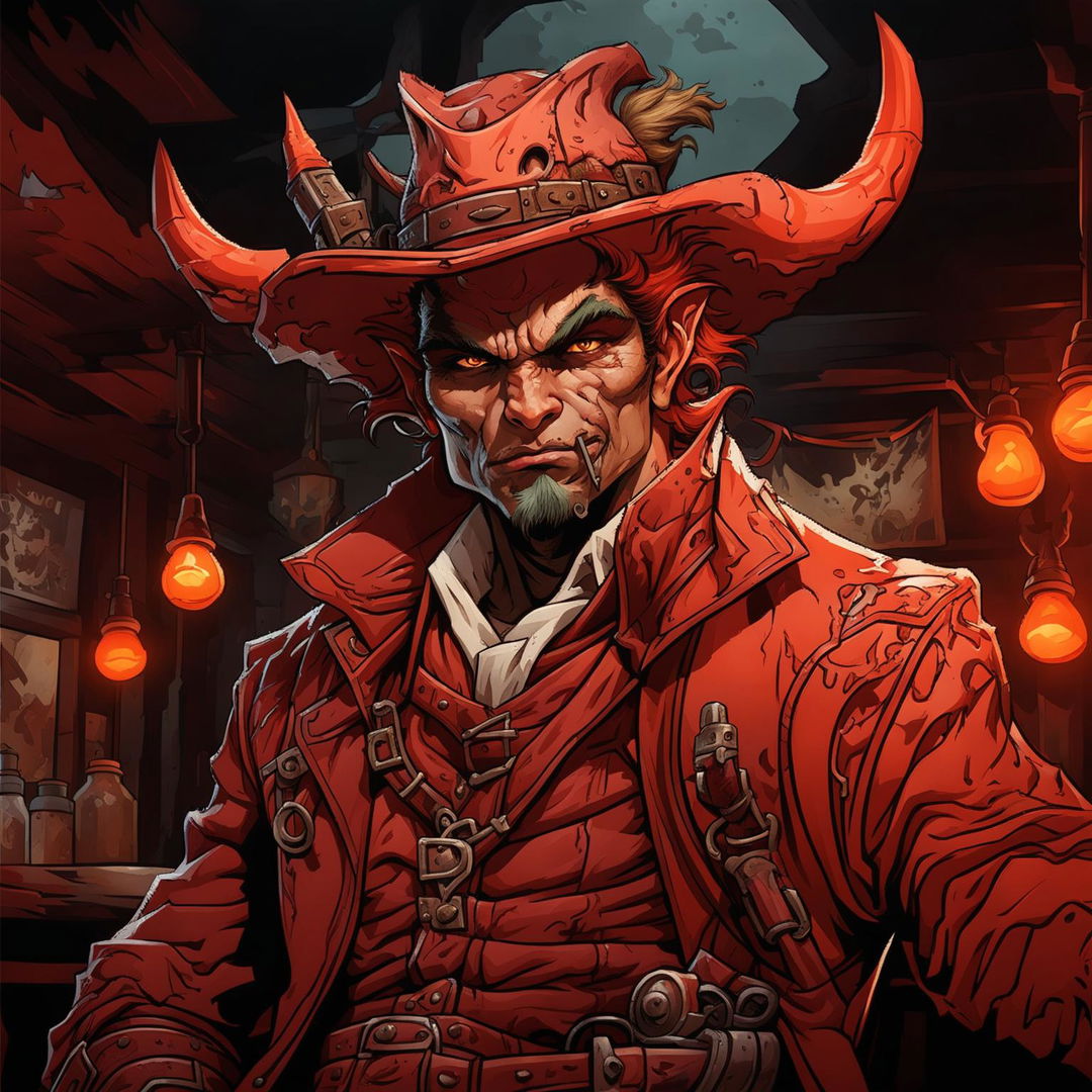 A high-quality image of a red Tiefling gunslinger with large burns on one side of his face, dressed in a rugged, western-style outfit, in a dark, moody setting