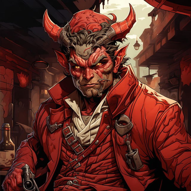 A high-quality image of a red Tiefling gunslinger with large burn scars on one side of his face, dressed in a rugged, western-style outfit, in a dark, moody setting