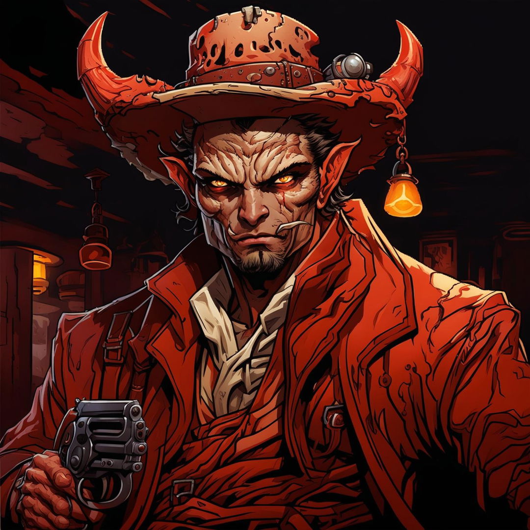 A high-quality image of a red Tiefling gunslinger with large burn scars on one side of his face, dressed in a rugged, western-style outfit, in a dark, moody setting