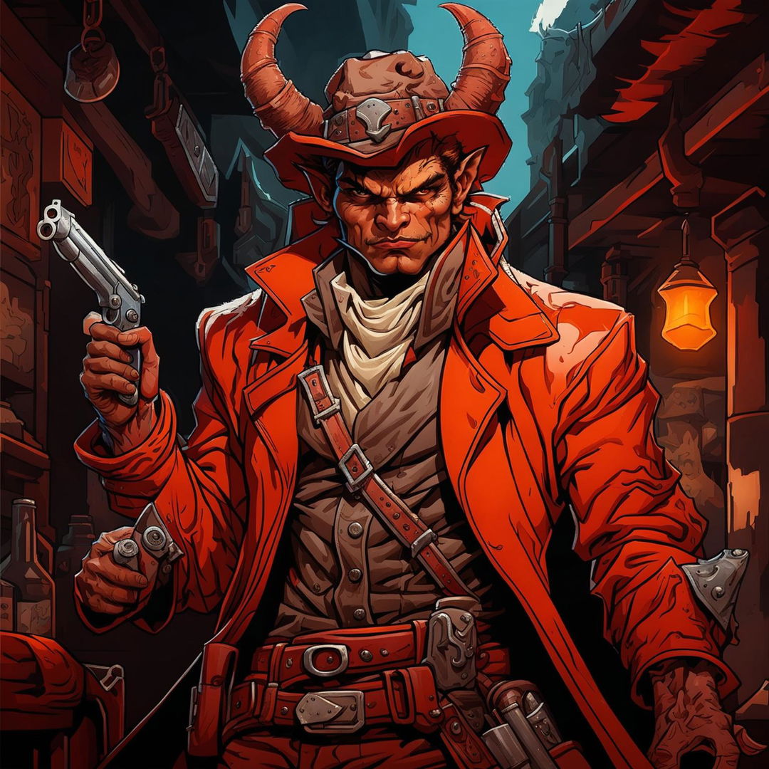 A high-quality image of a red Tiefling gunslinger dressed in a rugged, western-style outfit, in a dark, moody setting