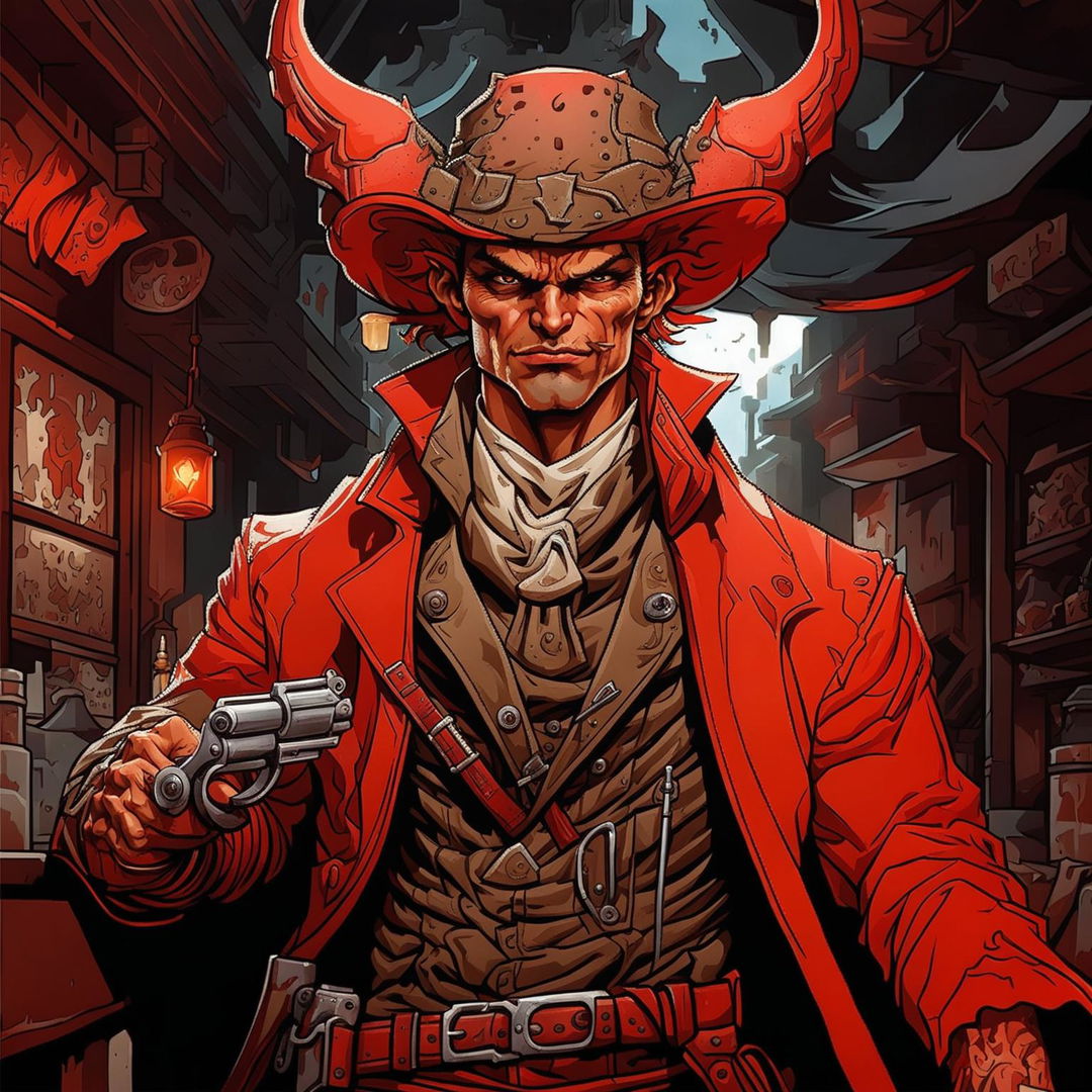 A high-quality image of a red Tiefling gunslinger dressed in a rugged, western-style outfit, in a dark, moody setting