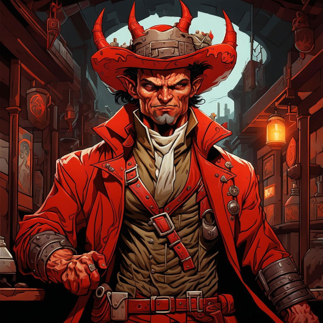 A high-quality image of a red Tiefling gunslinger dressed in a rugged, western-style outfit, in a dark, moody setting