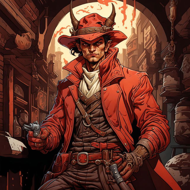 A high-quality image of a red Tiefling gunslinger dressed in a rugged, western-style outfit, in a dark, moody setting