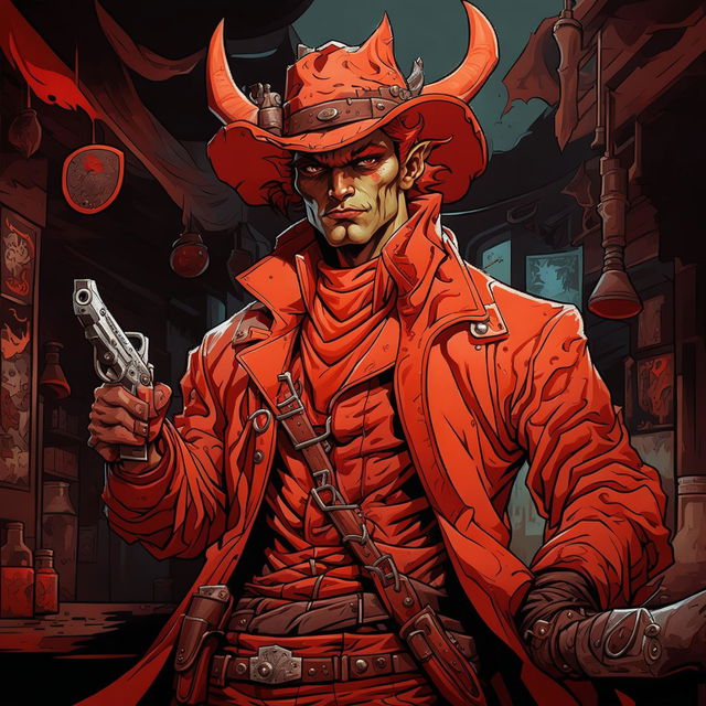 A high-quality image of a red Tiefling gunslinger dressed in a rugged, western-style outfit, in a dark, moody setting