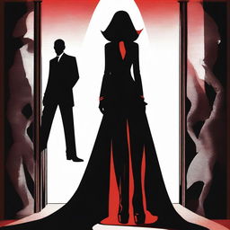 A mysterious and powerful female figure, symbolizing the undercover bodyguard girl, stands confidently in front of a menacing silhouette representing the cruel Mafia Boss