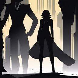 A mysterious and powerful female figure, symbolizing the undercover bodyguard girl, stands confidently in front of a menacing silhouette representing the cruel Mafia Boss