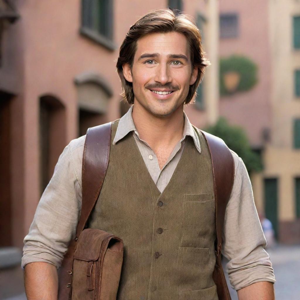 Disney character Flynn Rider in full detail: Tall and athletic build, well-groomed facial hair, expressive green eyes, tousled brown hair, a charming and cheeky smile, wearing earth-toned clothing, and carrying a distinctive satchel.