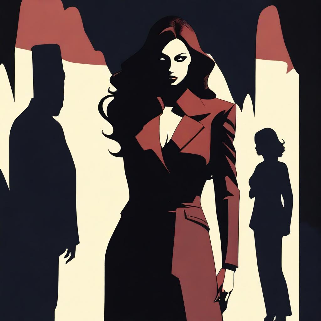 A mysterious and powerful female figure, symbolizing the undercover bodyguard girl, stands confidently in front of a menacing silhouette representing the cruel Mafia Boss