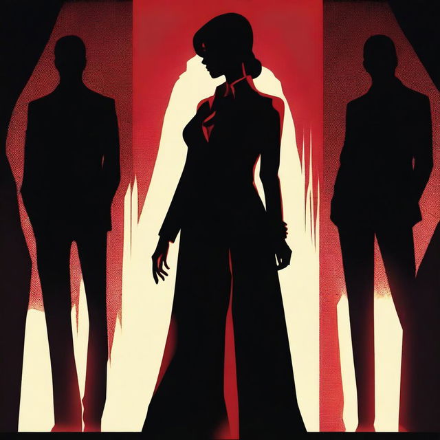 A mysterious and powerful female figure, symbolizing the undercover bodyguard girl, stands confidently in front of a menacing silhouette representing the cruel Mafia Boss