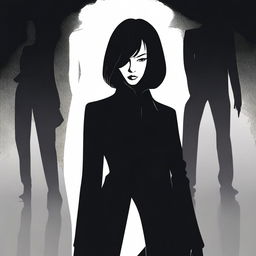 A mysterious and powerful female figure, symbolizing the undercover bodyguard girl, stands confidently in front of a menacing silhouette representing the cruel Mafia Boss