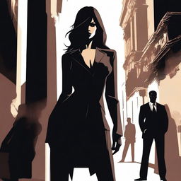 A mysterious and powerful female figure, symbolizing the undercover bodyguard girl, stands confidently in front of a menacing silhouette representing the cruel Mafia Boss