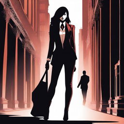 A mysterious and powerful female figure, symbolizing the undercover bodyguard girl, stands confidently in front of a menacing silhouette representing the cruel Mafia Boss