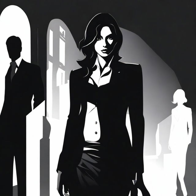 A mysterious and powerful female figure, symbolizing the undercover bodyguard girl, stands confidently in front of a menacing silhouette representing the cruel Mafia Boss