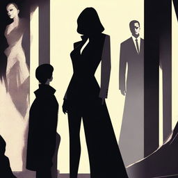 A mysterious and powerful female figure, symbolizing the undercover bodyguard girl, stands confidently in front of a menacing silhouette representing the cruel Mafia Boss