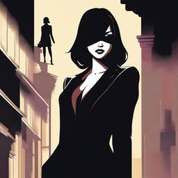 A mysterious and powerful female figure, symbolizing the undercover bodyguard girl, stands confidently in front of a menacing silhouette representing the cruel Mafia Boss