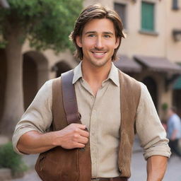 Disney character Flynn Rider in full detail: Tall and athletic build, well-groomed facial hair, expressive green eyes, tousled brown hair, a charming and cheeky smile, wearing earth-toned clothing, and carrying a distinctive satchel.