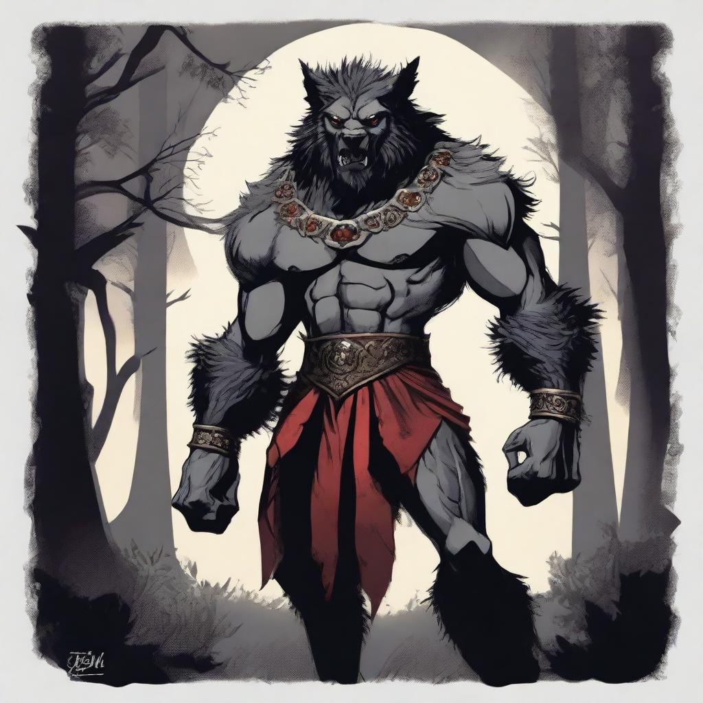 A detailed illustration of an angry werewolf prince standing in a dark forest