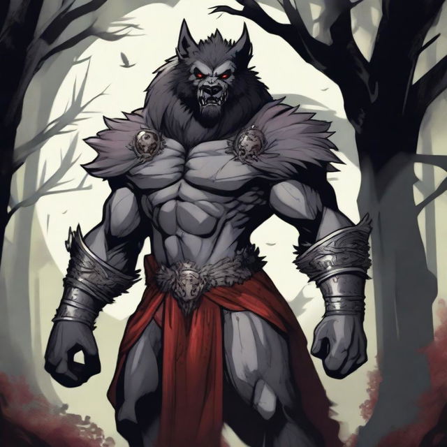 A detailed illustration of an angry werewolf prince standing in a dark forest