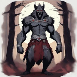 A detailed illustration of an angry werewolf prince standing in a dark forest