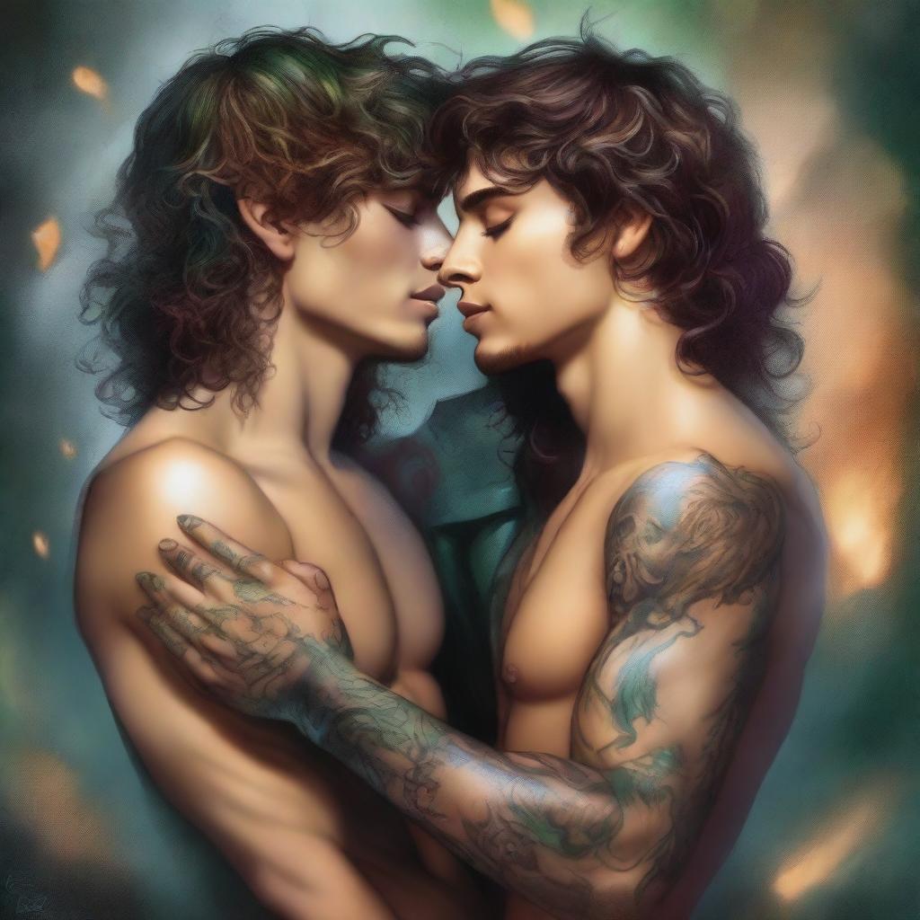 A realistic young adult Peter Pan with a realistic hot young adult Captain Hook with long curly hair and tattoos, locked in a steamy, deadly, forbidden embrace, kissing