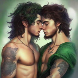 A realistic young adult Peter Pan with a realistic hot young adult Captain Hook with long curly hair and tattoos, locked in a steamy, deadly, forbidden embrace, kissing