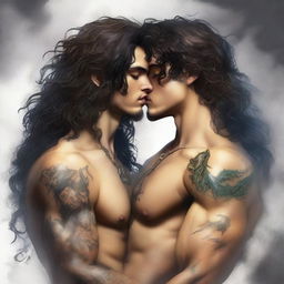 A realistic young adult Peter Pan with a realistic hot young adult Captain Hook with long curly hair and tattoos, locked in a steamy, deadly, forbidden embrace, kissing