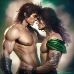 A realistic young adult Peter Pan with a realistic hot young adult Captain Hook with long curly hair and tattoos, locked in a steamy, deadly, forbidden embrace, kissing