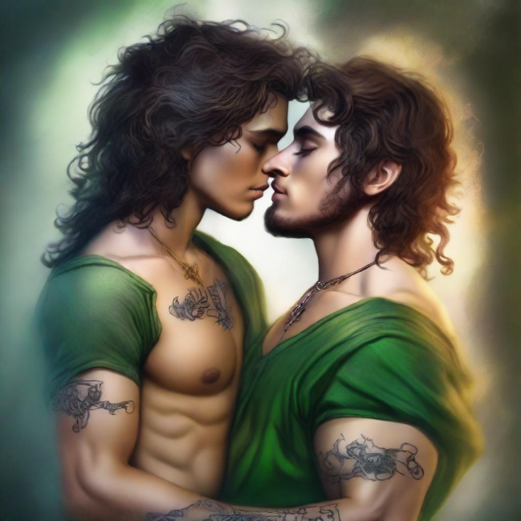 A realistic young adult Peter Pan with a realistic hot young adult Captain Hook with long curly hair and tattoos, locked in a steamy, deadly, forbidden embrace, kissing