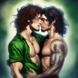 A realistic young adult Peter Pan with a realistic hot young adult Captain Hook with long curly hair and tattoos, locked in a steamy, deadly, forbidden embrace, kissing