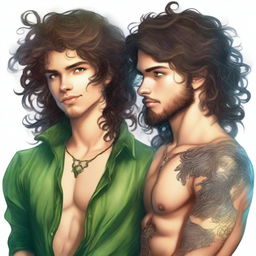 A realistic young adult Peter Pan with a realistic hot young adult Captain Hook with long curly hair and tattoos, locked in a steamy, deadly, forbidden embrace, kissing