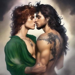 A realistic young adult Peter Pan with a realistic hot young adult Captain Hook with long curly hair and tattoos, locked in a steamy, deadly, forbidden embrace, kissing