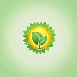 Create a logo featuring a bright sun positioned between two vibrant green leaves