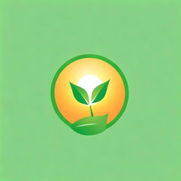 Create a logo featuring a bright sun positioned between two vibrant green leaves