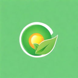 Create a logo featuring a bright sun positioned between two vibrant green leaves