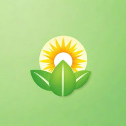 Create a logo featuring a bright sun positioned between two vibrant green leaves