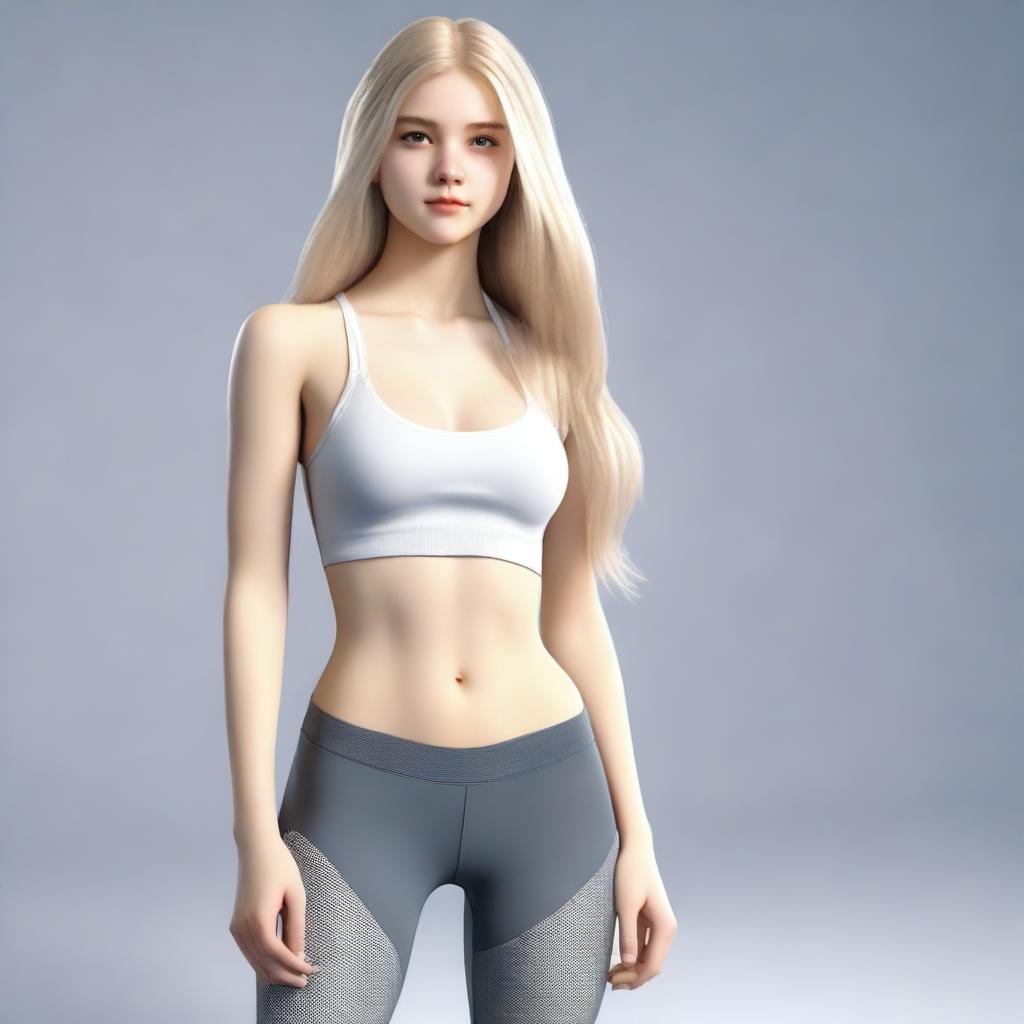 A photorealistic, full-body image of an 18-year-old girl with long blonde hair