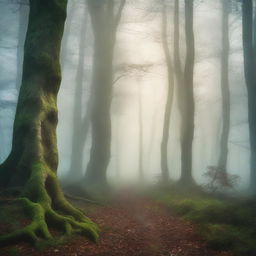 Create a captivating book cover featuring a mysterious forest with mist, ancient trees, and a hidden path