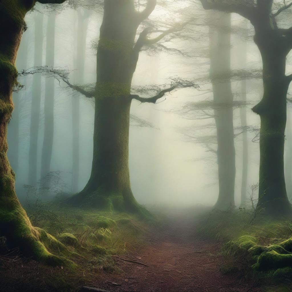 Create a captivating book cover featuring a mysterious forest with mist, ancient trees, and a hidden path