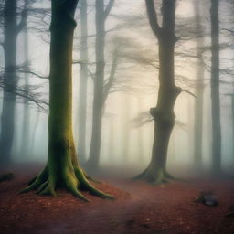 Create a captivating book cover featuring a mysterious forest with mist, ancient trees, and a hidden path