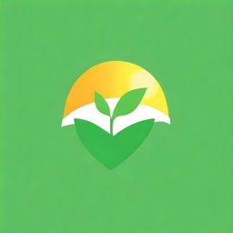 Design a techno-themed logo featuring a bright sun being lifted between two vibrant green leaves, with a solar panel integrated into the design