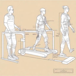 A detailed illustration of a laboratory experiment analyzing the impact of lower limb exoskeletons on gait