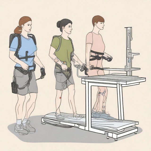 A detailed illustration of a laboratory experiment analyzing the impact of lower limb exoskeletons on gait