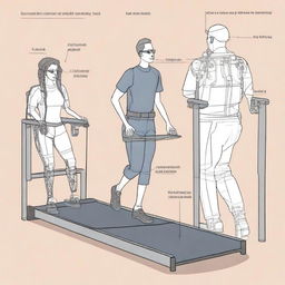 A detailed illustration of a laboratory experiment analyzing the impact of lower limb exoskeletons on gait