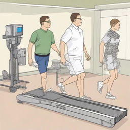 A detailed illustration of a laboratory experiment analyzing the impact of lower limb exoskeletons on gait