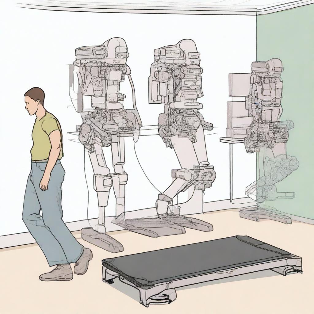 A detailed illustration of a laboratory experiment analyzing the impact of lower limb exoskeletons on gait